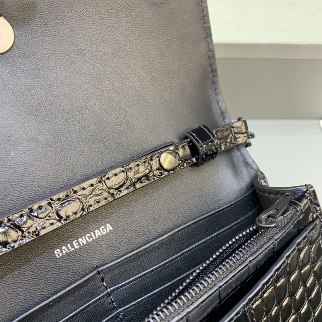 Balenciaga Small Hourglass Wallet With Chain Crocodile Embossed Shoulder Bag Black